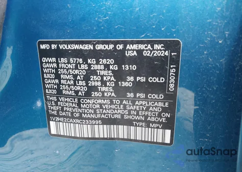 2024 Volkswagen Atlas Cross Sport 2.0T Se W/Technology z USA, uszkodzony, nr VIN 1V2HE2CAXRC233995